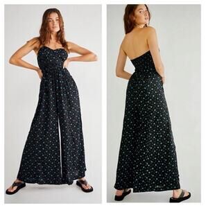 Free People Eloise Jumpsuit Size XS Black Floral Motif One Piece Wide Leg
